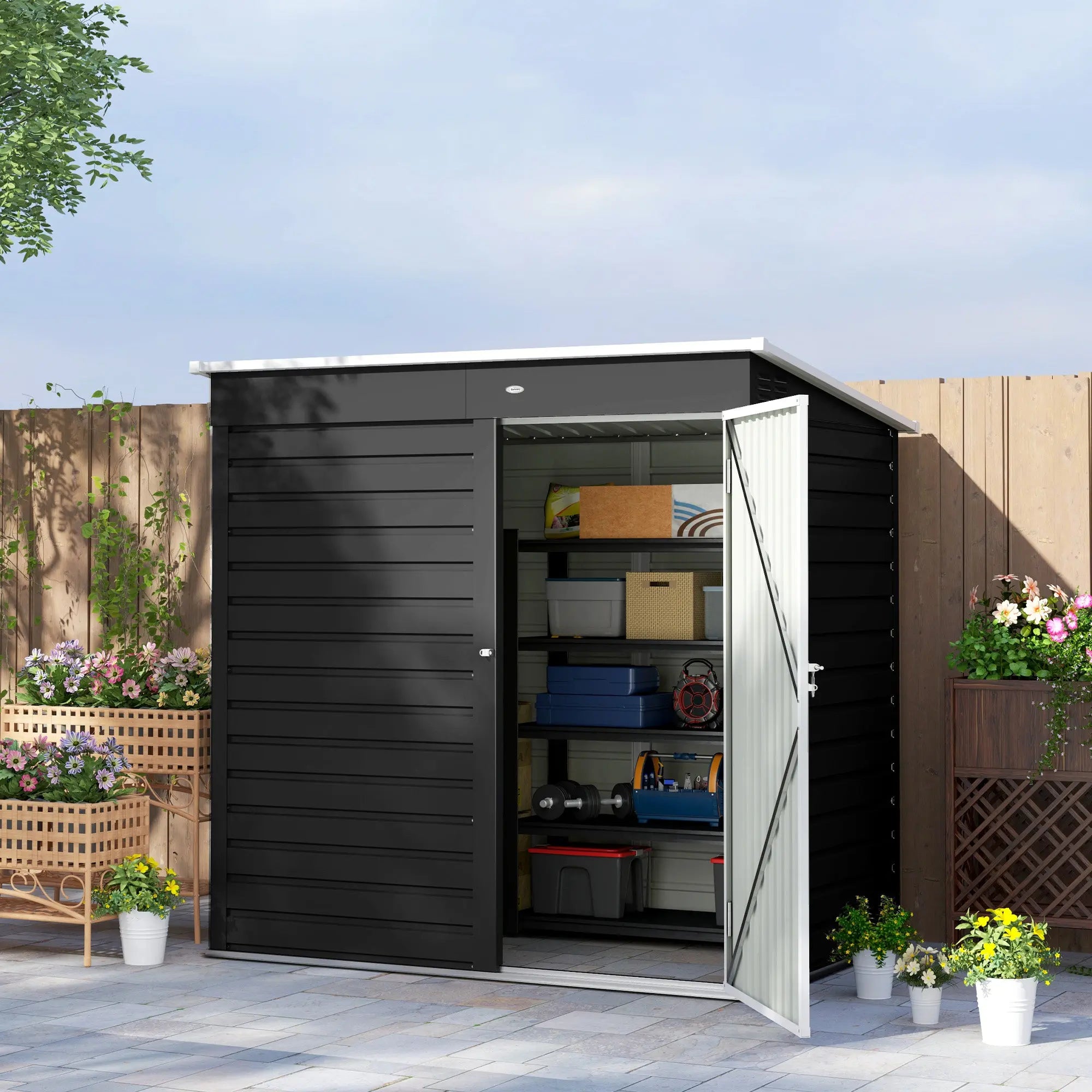 Outsunny 6 x 4ft Metal Garden Storage Shed, Outdoor Tool Storage Shed with Lockable Door and Gloves for Garden, Patio, Dark Grey 