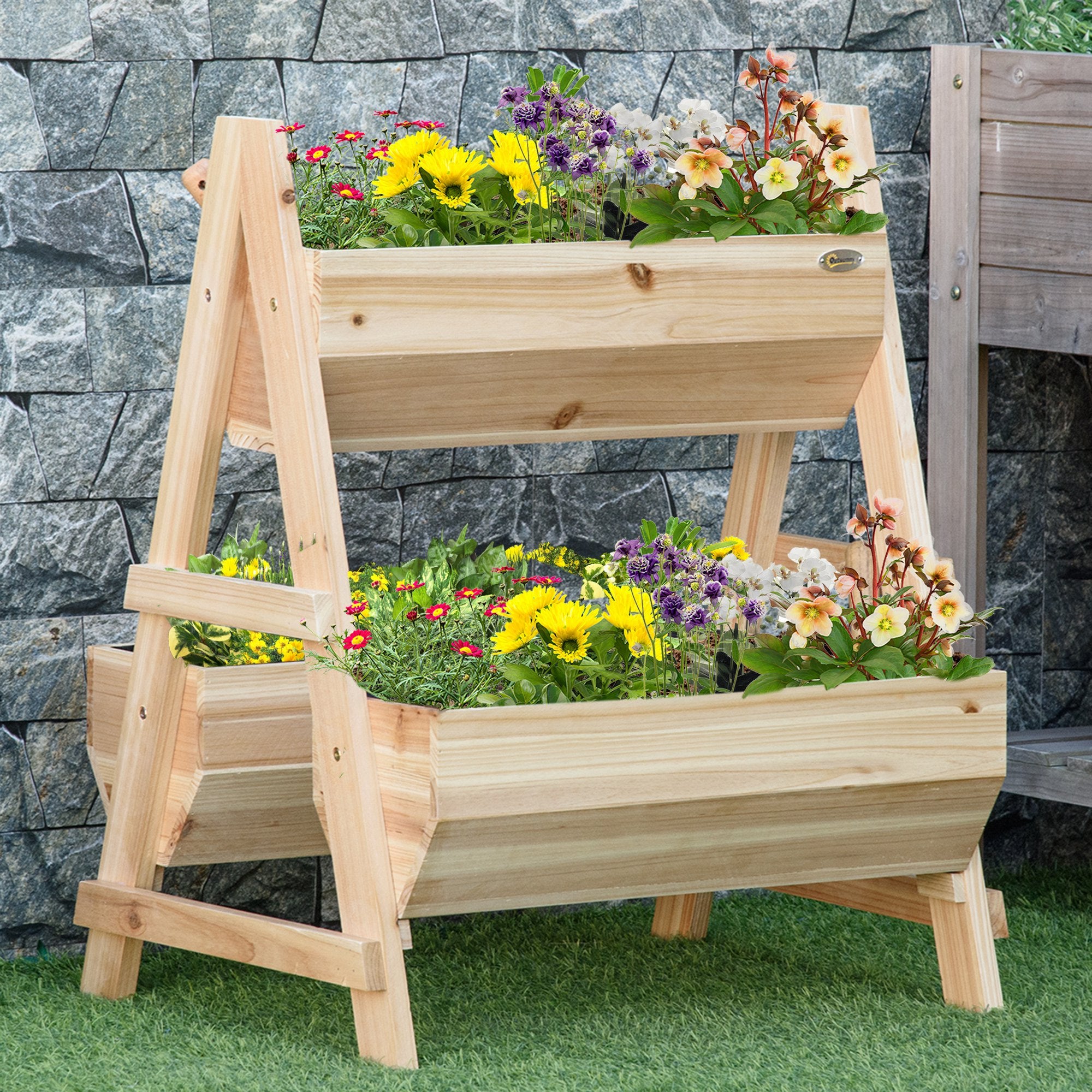 Outsunny 68cm x 57.5cm x 80.5cm 51L Wood Raised Garden Bed, Outdoor Planter Box with Stand, Nonwoven Fabric for Vegetables, Herbs, Flowers, Natural 