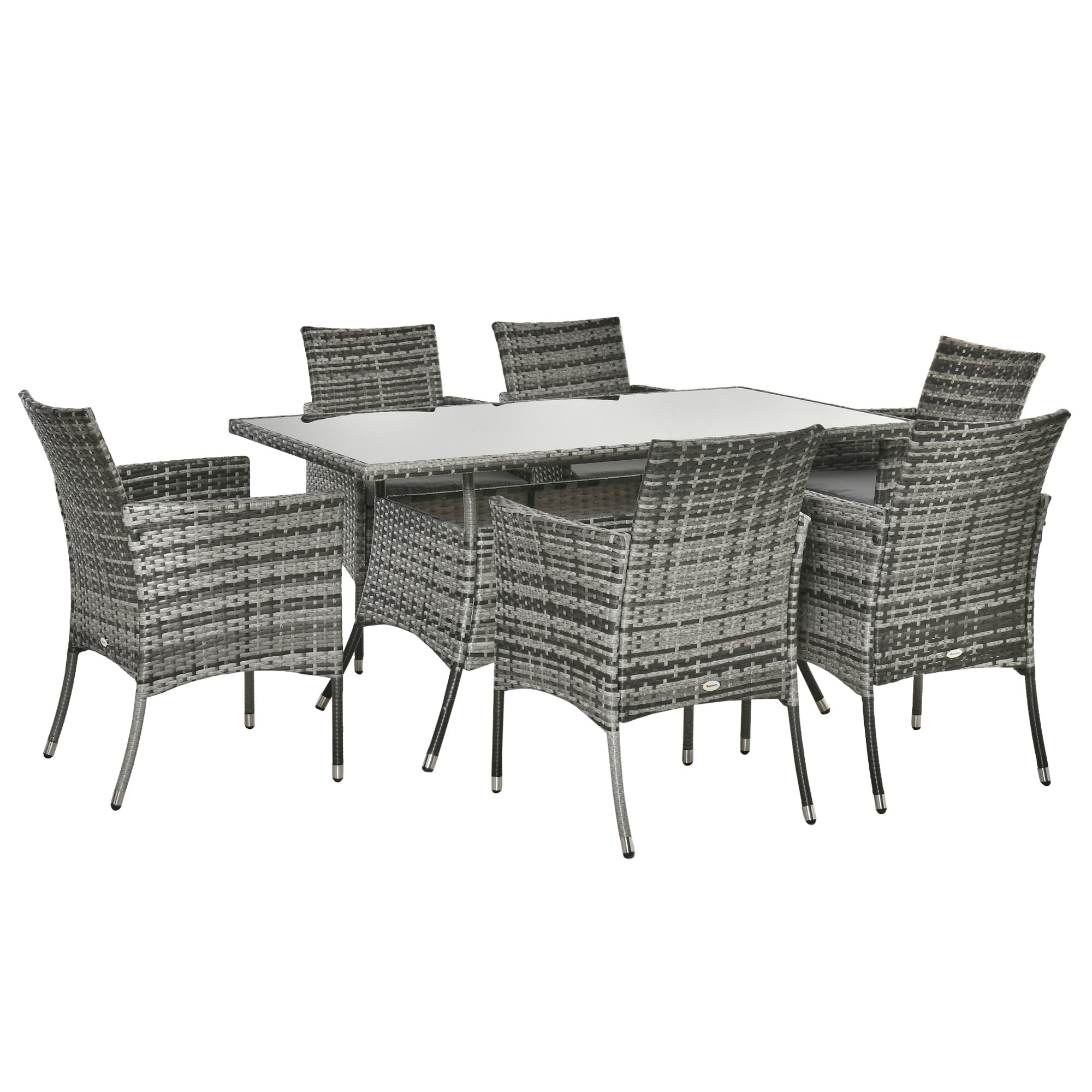 Outsunny 7-Piece Rattan Garden Furniture Set with Cushions, 6 Seater Garden Table and Chairs, Rattan Dining Set with 6 Armchairs, Rectangular Glass Top Table, Grey 