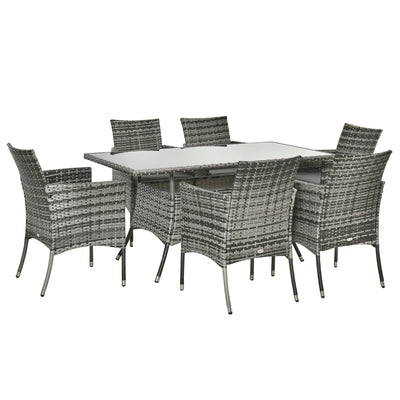 Outsunny 7-Piece Rattan Garden Furniture Set with Cushions, 6 Seater Garden Table and Chairs, Rattan Dining Set with 6 Armchairs, Rectangular Glass Top Table, Grey 