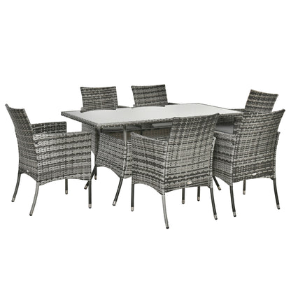 Outsunny 7-Piece Rattan Garden Furniture Set with Cushions, 6 Seater Garden Table and Chairs, Rattan Dining Set with 6 Armchairs, Rectangular Glass Top Table, Grey 