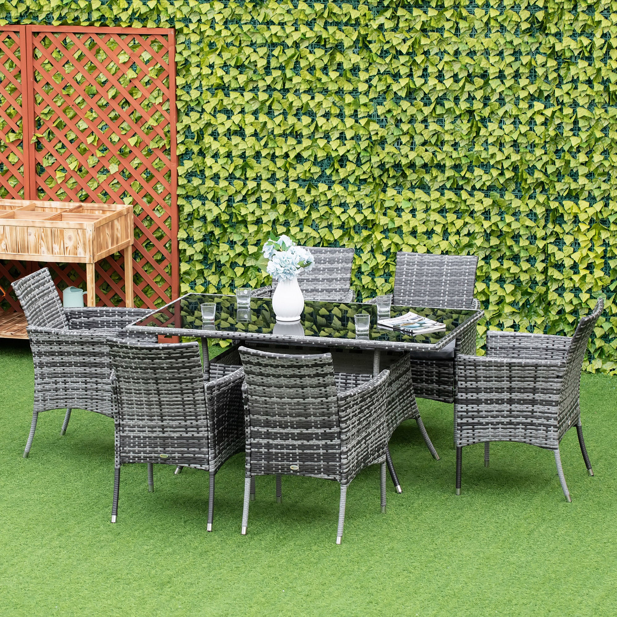 Outsunny 7-Piece Rattan Garden Furniture Set with Cushions, 6 Seater Garden Table and Chairs, Rattan Dining Set with 6 Armchairs, Rectangular Glass Top Table, Grey 
