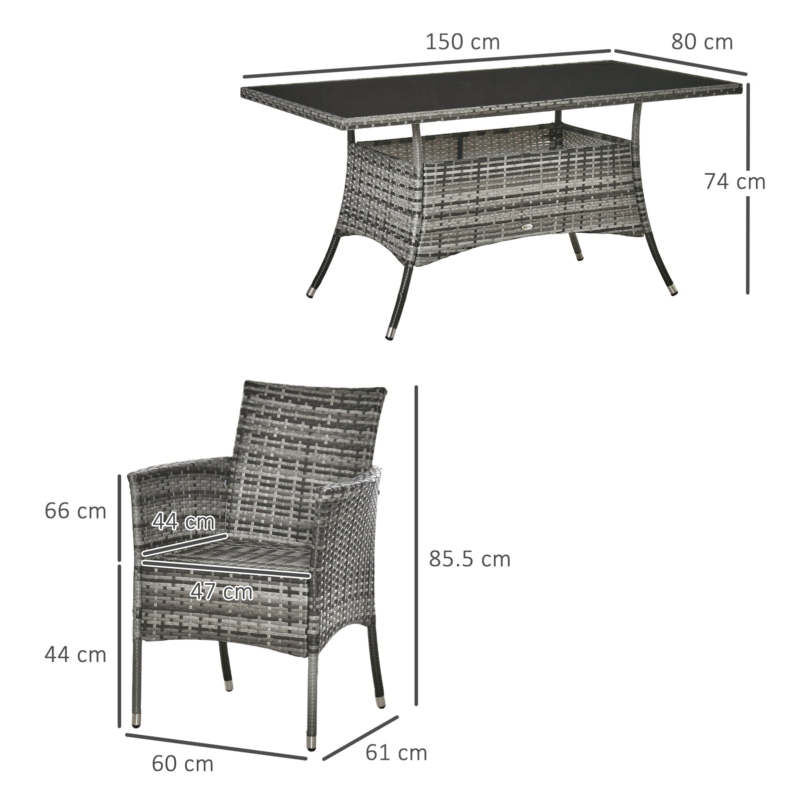 Outsunny 7-Piece Rattan Garden Furniture Set with Cushions, 6 Seater Garden Table and Chairs, Rattan Dining Set with 6 Armchairs, Rectangular Glass Top Table, Grey 