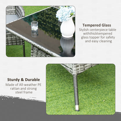 Outsunny 7-Piece Rattan Garden Furniture Set with Cushions, 6 Seater Garden Table and Chairs, Rattan Dining Set with 6 Armchairs, Rectangular Glass Top Table, Grey 