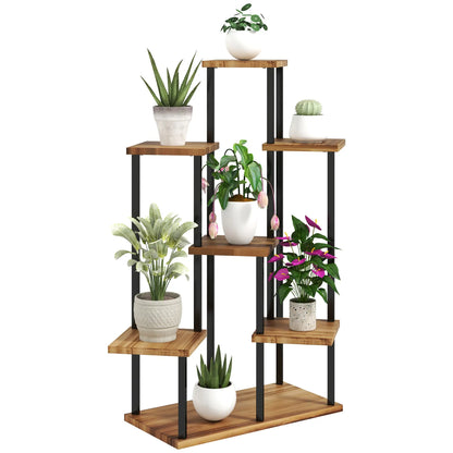Outsunny 7 Tier Plant Stand Indoor Outdoor, Tiered Corner Steel Wood Plant Shelf for Multiple Plants, Tall Flower Stand Display Rack for Garden Patio Balcony Living Room, Carbonised Finish 