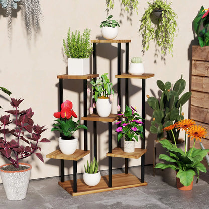 Outsunny 7 Tier Plant Stand Indoor Outdoor, Tiered Corner Steel Wood Plant Shelf for Multiple Plants, Tall Flower Stand Display Rack for Garden Patio Balcony Living Room, Carbonised Finish 