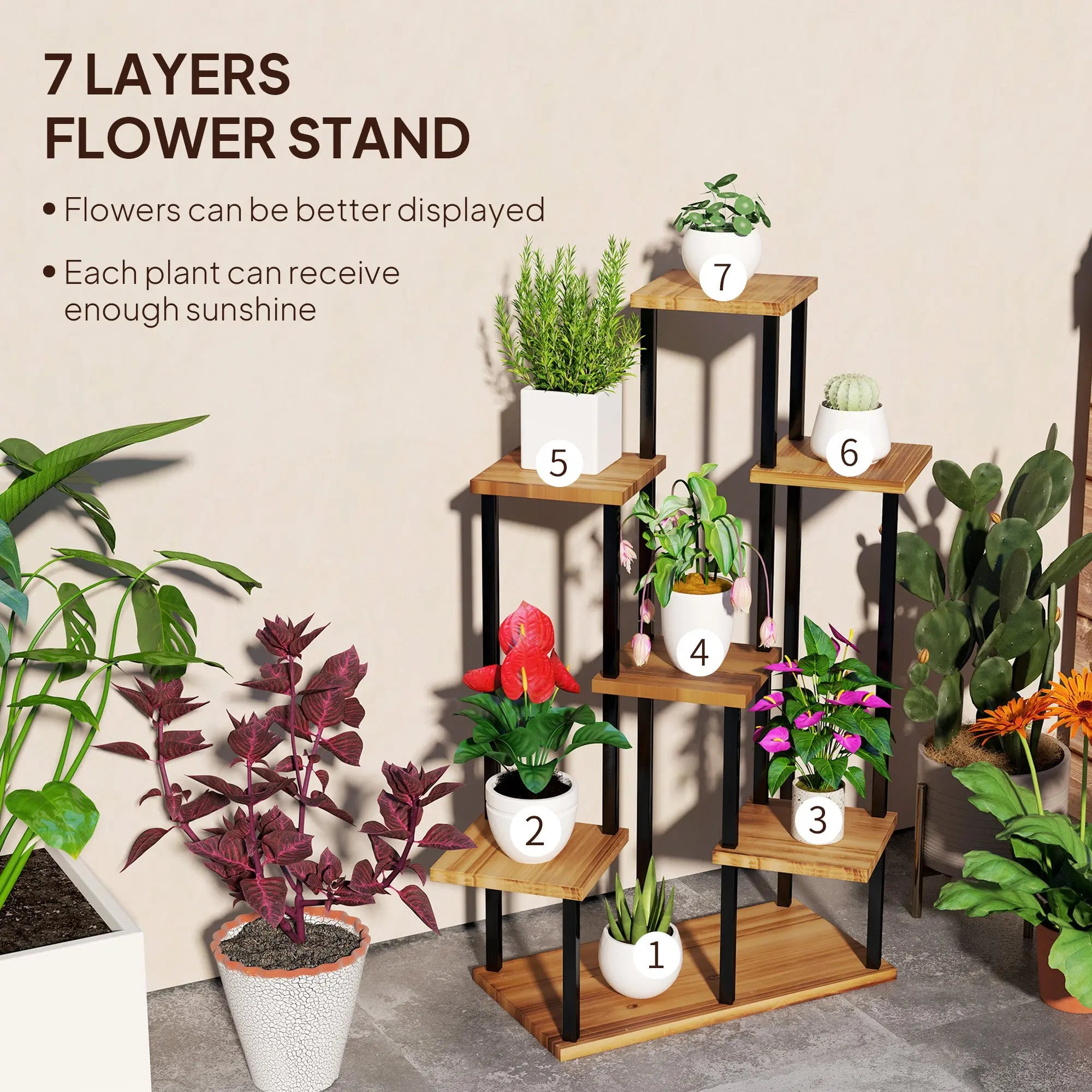 Outsunny 7 Tier Plant Stand Indoor Outdoor, Tiered Corner Steel Wood Plant Shelf for Multiple Plants, Tall Flower Stand Display Rack for Garden Patio Balcony Living Room, Carbonised Finish 