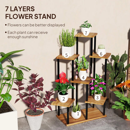 Outsunny 7 Tier Plant Stand Indoor Outdoor, Tiered Corner Steel Wood Plant Shelf for Multiple Plants, Tall Flower Stand Display Rack for Garden Patio Balcony Living Room, Carbonised Finish 