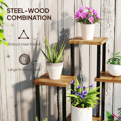 Outsunny 7 Tier Plant Stand Indoor Outdoor, Tiered Corner Steel Wood Plant Shelf for Multiple Plants, Tall Flower Stand Display Rack for Garden Patio Balcony Living Room, Carbonised Finish 