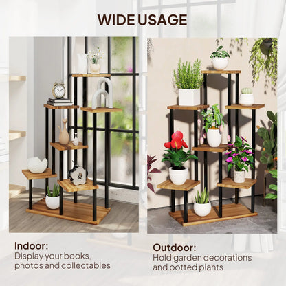Outsunny 7 Tier Plant Stand Indoor Outdoor, Tiered Corner Steel Wood Plant Shelf for Multiple Plants, Tall Flower Stand Display Rack for Garden Patio Balcony Living Room, Carbonised Finish 
