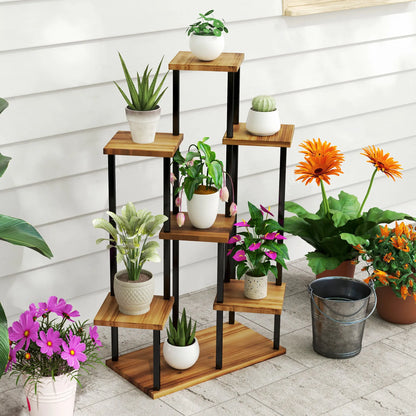Outsunny 7 Tier Plant Stand Indoor Outdoor, Tiered Corner Steel Wood Plant Shelf for Multiple Plants, Tall Flower Stand Display Rack for Garden Patio Balcony Living Room, Carbonised Finish 