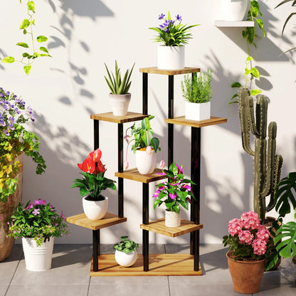 Outsunny 7 Tier Plant Stand Indoor Outdoor, Tiered Corner Steel Wood Plant Shelf for Multiple Plants, Tall Flower Stand Display Rack for Garden Patio Balcony Living Room, Carbonised Finish 