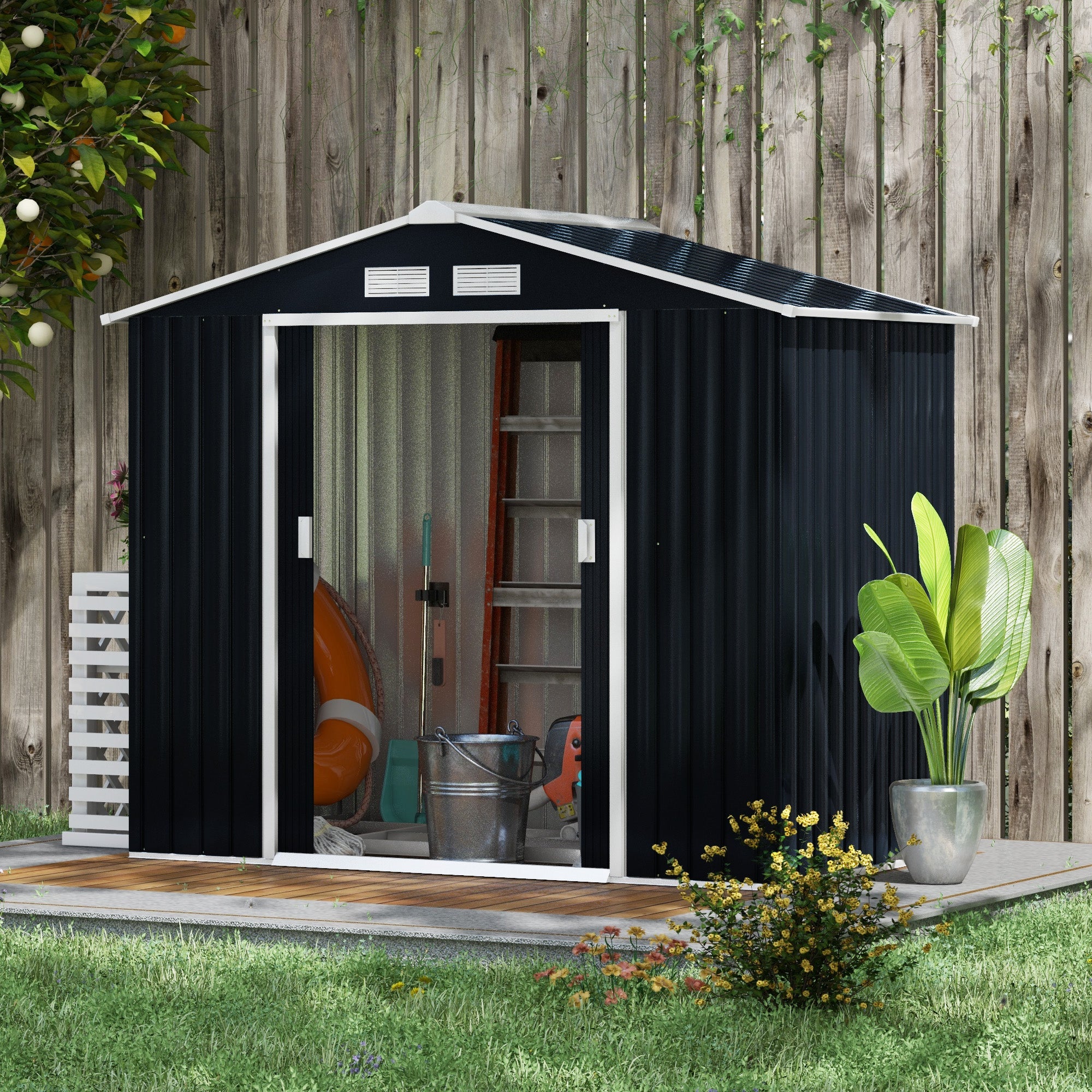 Outsunny 7 x 4ft Metal Garden Shed, Outdoor Storage Tool House with Ventilation Slots, Foundation Kit and Lockable Double Doors, Dark Grey 