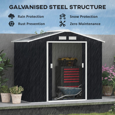 Outsunny 7 x 4ft Metal Garden Shed, Outdoor Storage Tool House with Ventilation Slots, Foundation Kit and Lockable Double Doors, Dark Grey 
