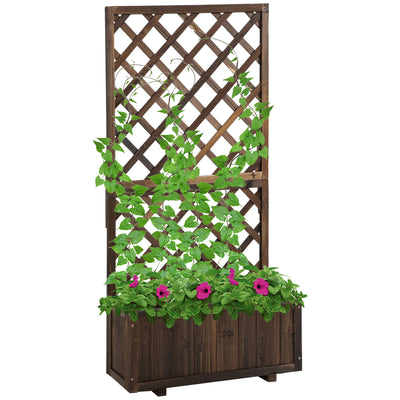 Outsunny 72.5 x 31.5 x 149.5 cm 45L Garden Wooden Pine Trough Planter with Topped Trellis Climbing Plants Flower Raised Bed, Carbonised Finish 