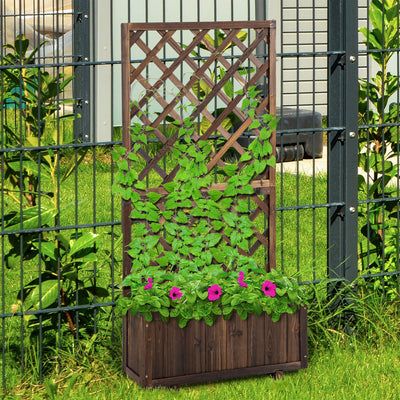 Outsunny 72.5 x 31.5 x 149.5 cm 45L Garden Wooden Pine Trough Planter with Topped Trellis Climbing Plants Flower Raised Bed, Carbonised Finish 