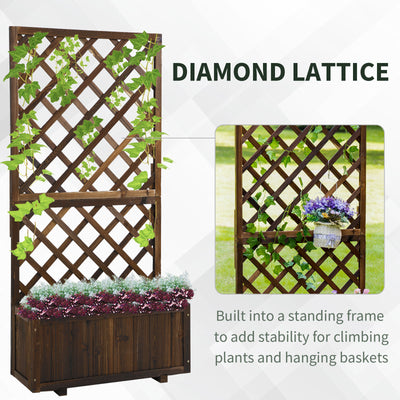Outsunny 72.5 x 31.5 x 149.5 cm 45L Garden Wooden Pine Trough Planter with Topped Trellis Climbing Plants Flower Raised Bed, Carbonised Finish 