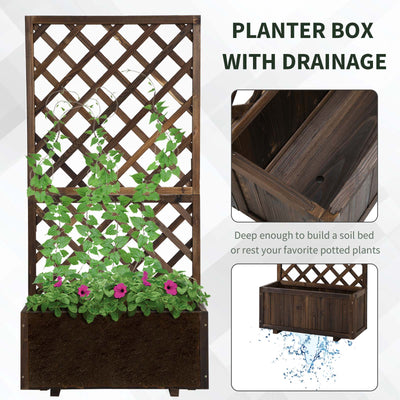 Outsunny 72.5 x 31.5 x 149.5 cm 45L Garden Wooden Pine Trough Planter with Topped Trellis Climbing Plants Flower Raised Bed, Carbonised Finish 