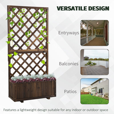 Outsunny 72.5 x 31.5 x 149.5 cm 45L Garden Wooden Pine Trough Planter with Topped Trellis Climbing Plants Flower Raised Bed, Carbonised Finish 