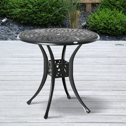 Outsunny 78 cm Round Garden Dining Table with Parasol Hole Antique Cast Aluminium Outdoor Table Only, Black 