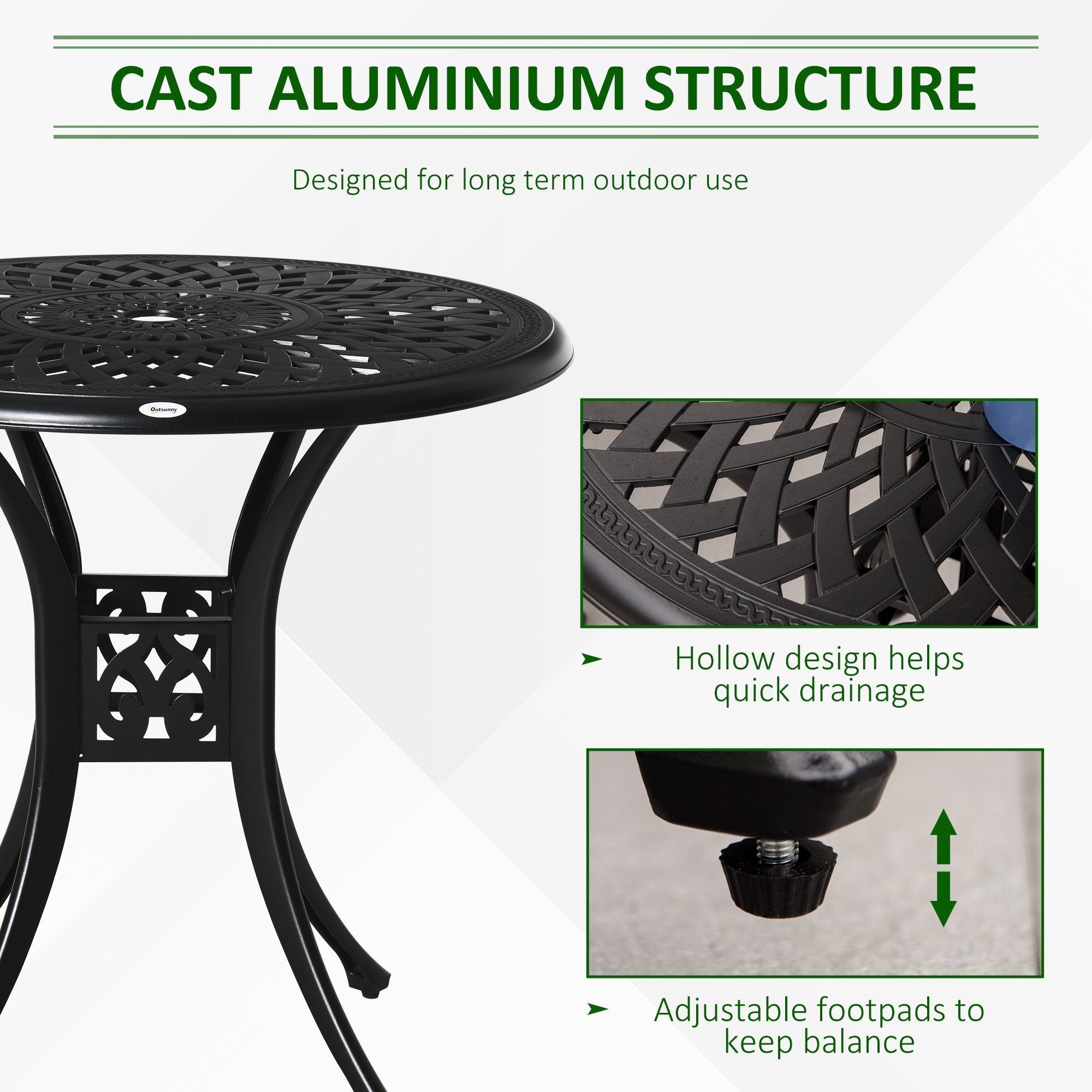Outsunny 78 cm Round Garden Dining Table with Parasol Hole Antique Cast Aluminium Outdoor Table Only, Black 