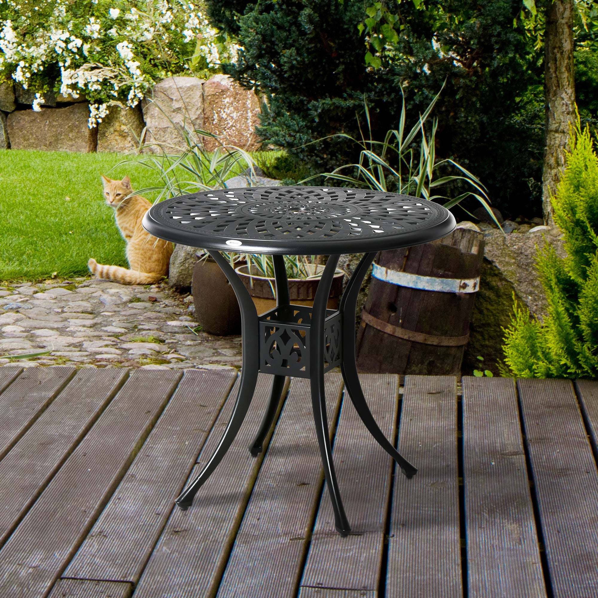 Outsunny 78 cm Round Garden Dining Table with Parasol Hole Antique Cast Aluminium Outdoor Table Only, Black 