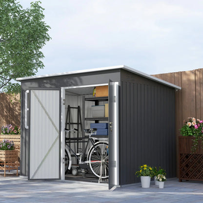 Outsunny 8.5 x 6ft Storage Shed Galvanised Steel Garden Shed, Metal Shed with Foundation Kit, Window, Lockable Wide Doors and Air Vents for Outdoor Patio, Dark Grey 