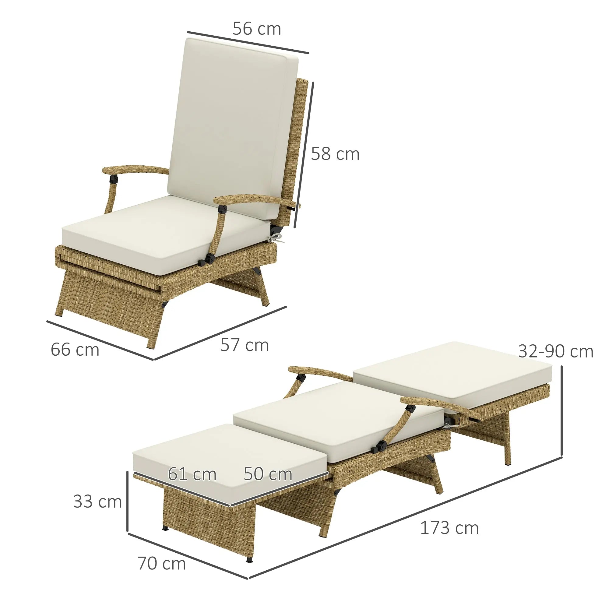 Outsunny 80° Reclining Rattan Lounger - White/Beige 