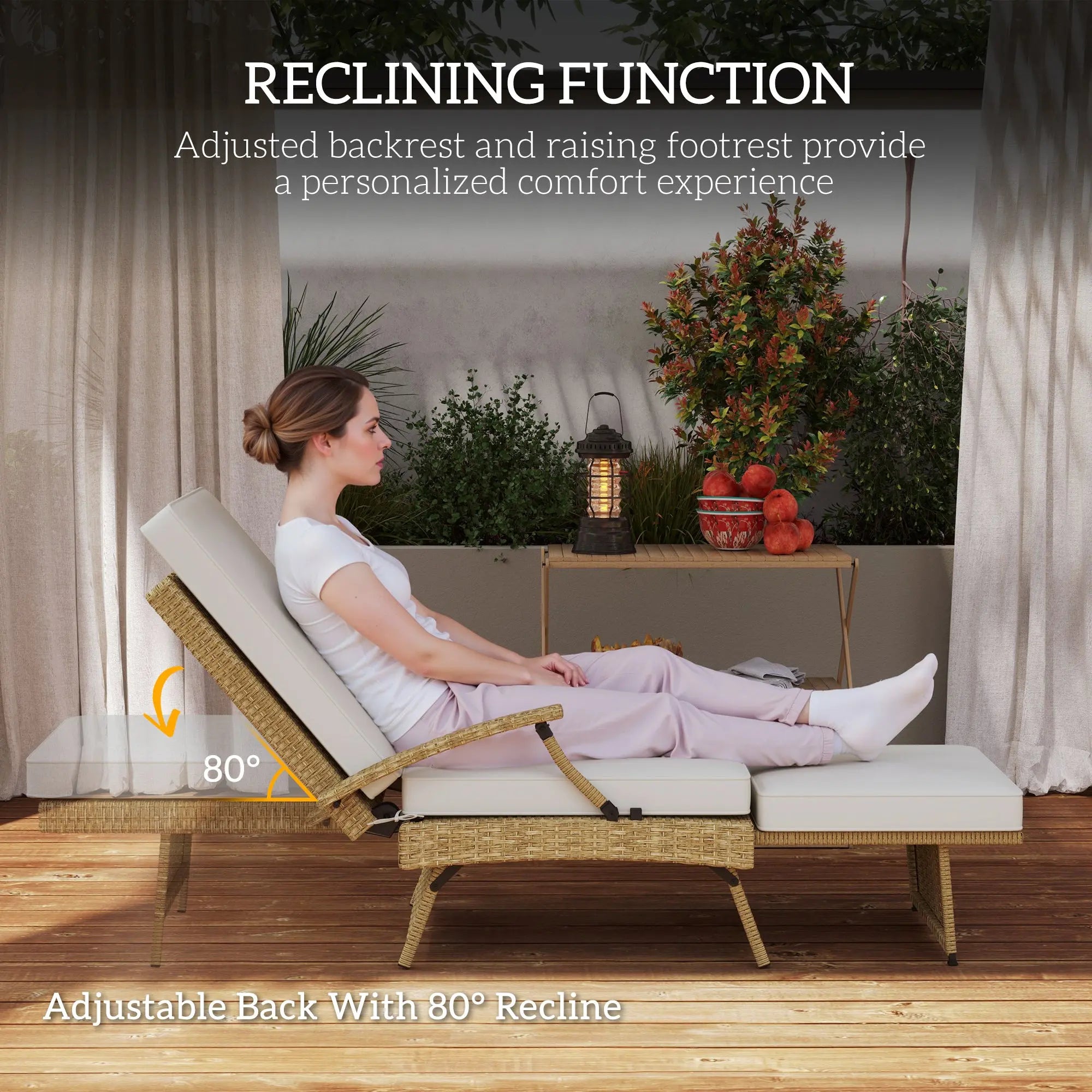 Outsunny 80° Reclining Rattan Lounger - White/Beige 