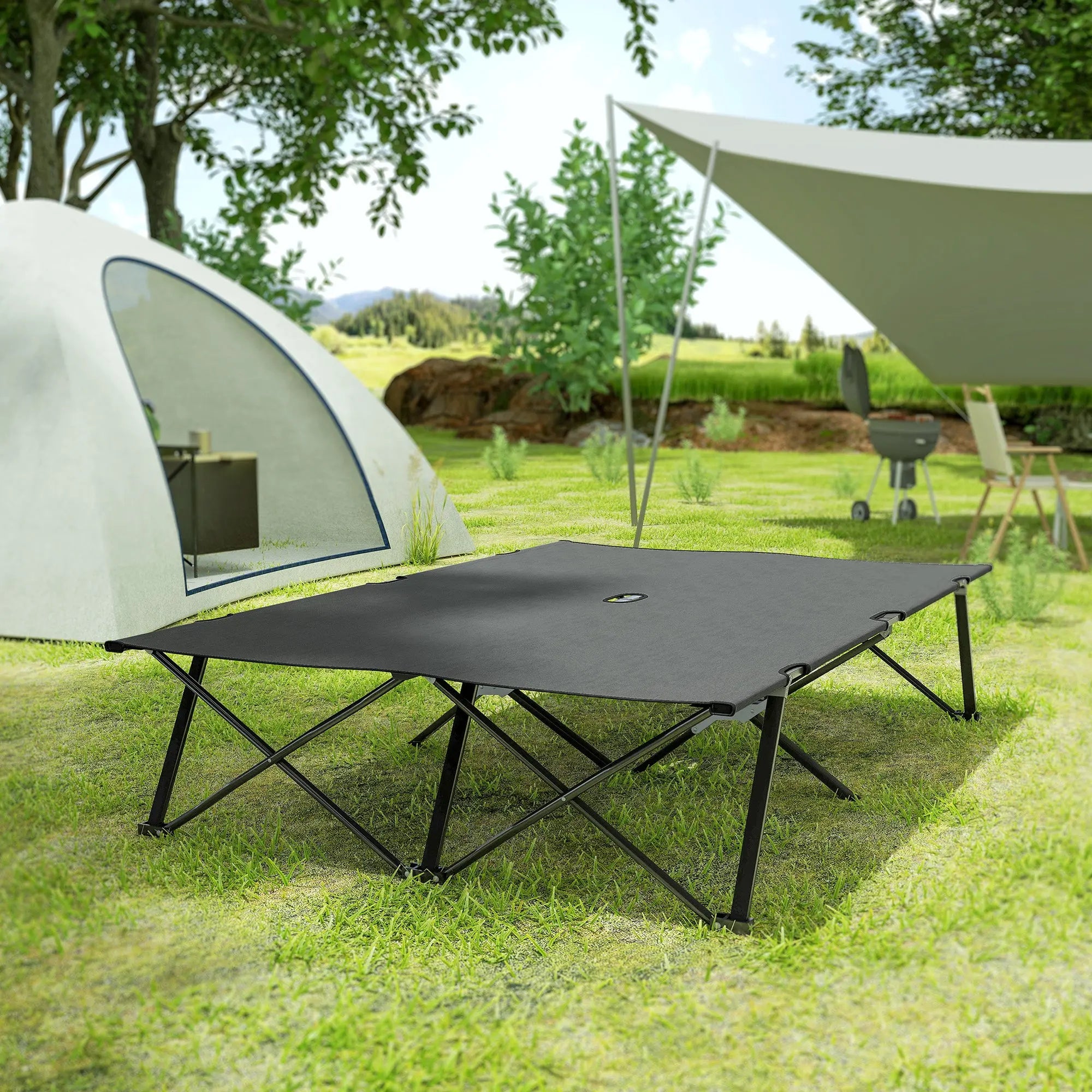 Outsunny Double Camping Cot Bed, with Bag - Charcoal Grey 