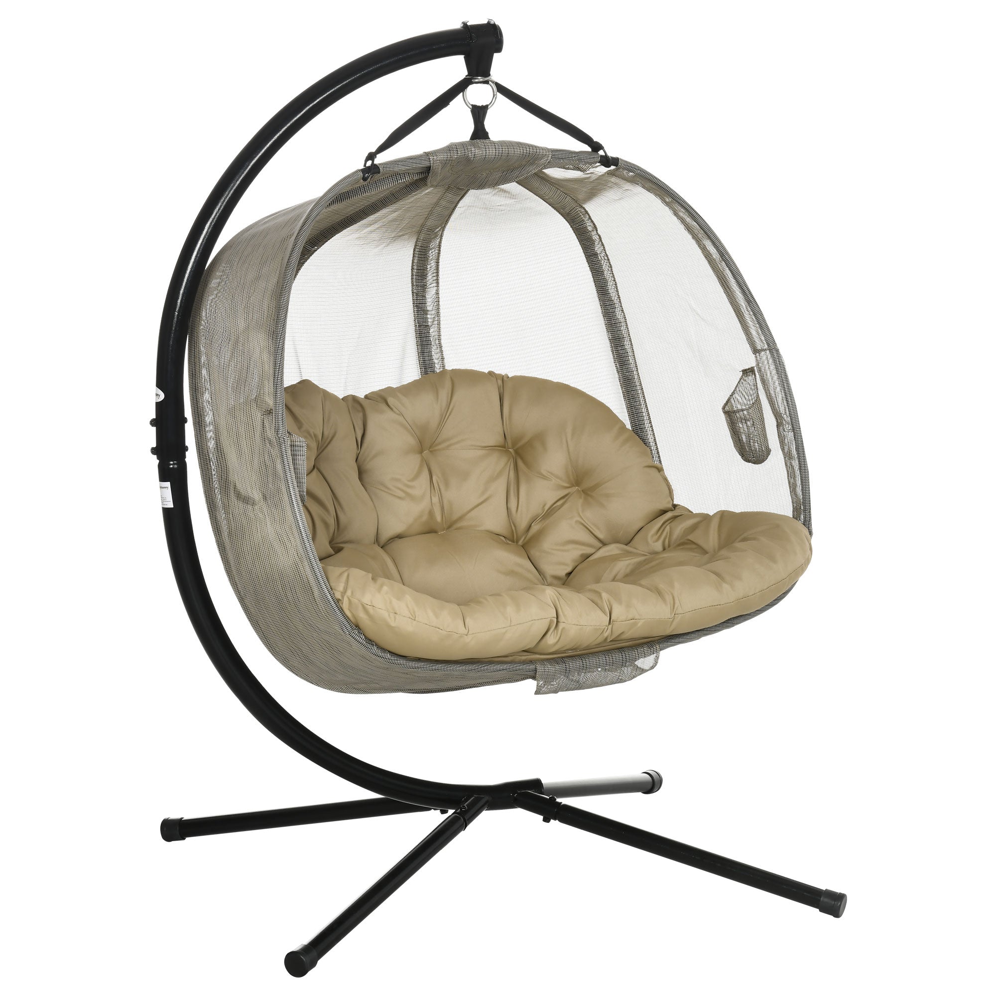 Outsunny Double Hanging Egg Chair 2 Seaters Texteline Swing Hammock Chair with Stand, Cushion and Folding Design, for Indoor and Outdoor, Brown 