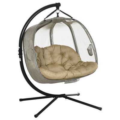 Outsunny Double Hanging Egg Chair 2 Seaters Texteline Swing Hammock Chair with Stand, Cushion and Folding Design, for Indoor and Outdoor, Brown 