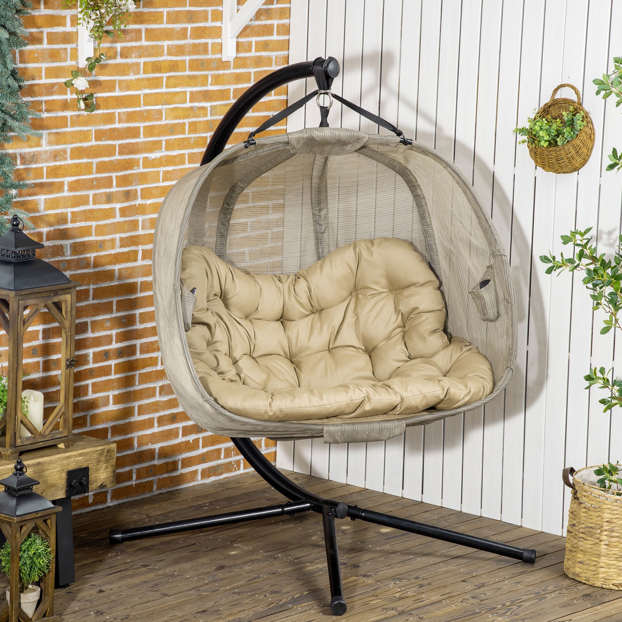 Outsunny Double Hanging Egg Chair 2 Seaters Texteline Swing Hammock Chair with Stand, Cushion and Folding Design, for Indoor and Outdoor, Brown 
