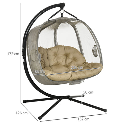 Outsunny Double Hanging Egg Chair 2 Seaters Texteline Swing Hammock Chair with Stand, Cushion and Folding Design, for Indoor and Outdoor, Brown 