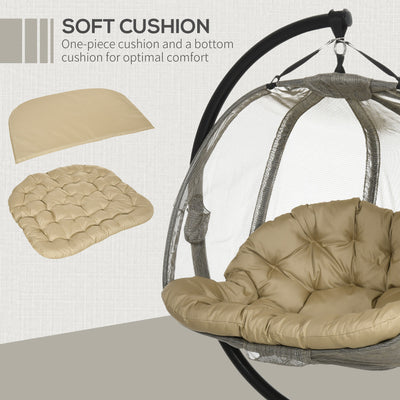 Outsunny Double Hanging Egg Chair 2 Seaters Texteline Swing Hammock Chair with Stand, Cushion and Folding Design, for Indoor and Outdoor, Brown 