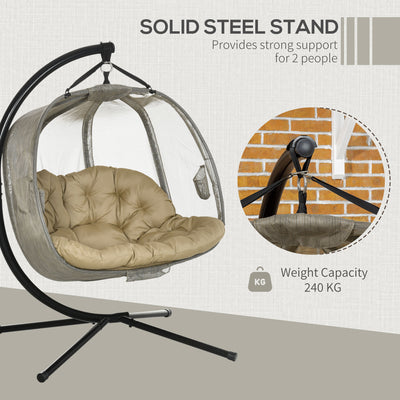 Outsunny Double Hanging Egg Chair 2 Seaters Texteline Swing Hammock Chair with Stand, Cushion and Folding Design, for Indoor and Outdoor, Brown 
