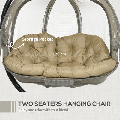 Outsunny Double Hanging Egg Chair 2 Seaters Texteline Swing Hammock Chair with Stand, Cushion and Folding Design, for Indoor and Outdoor, Brown 