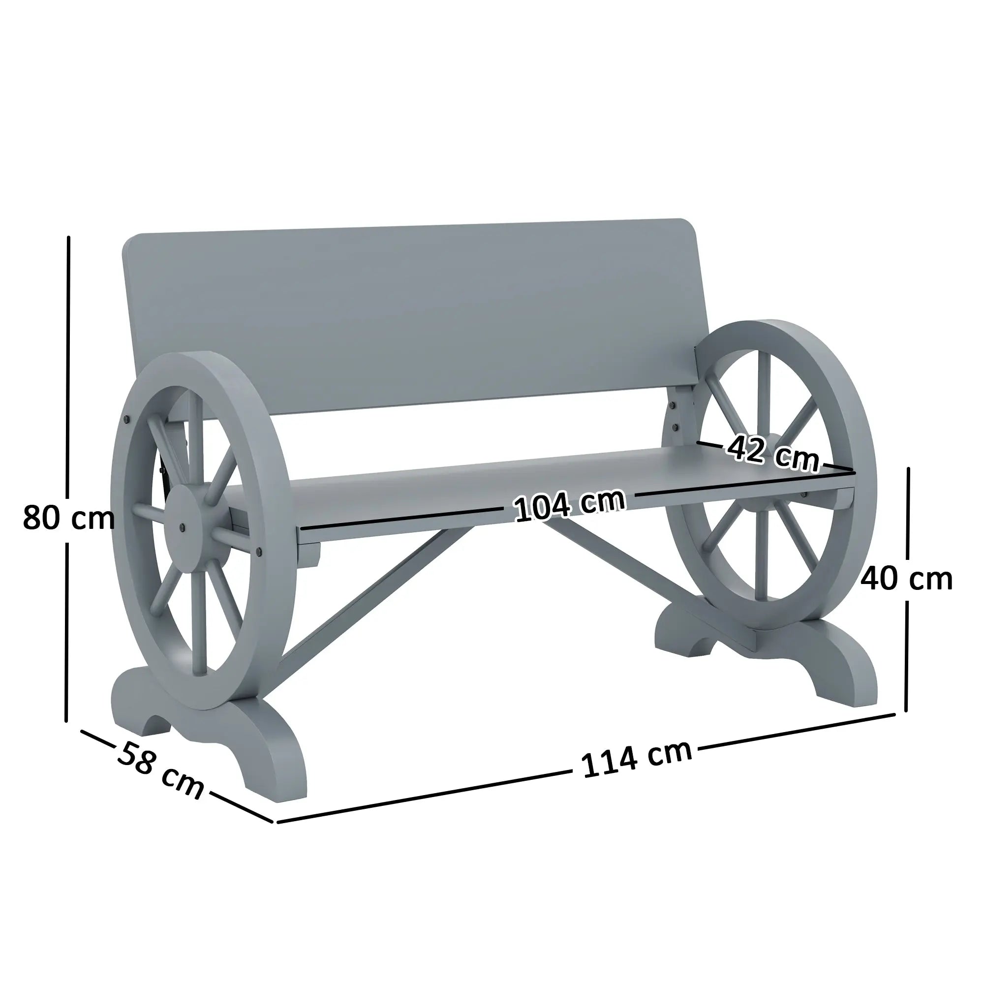 Outsunny Fir Wood 2-Seater Outdoor Garden Wagon Wheel Bench, Grey 