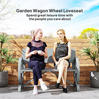 Outsunny Fir Wood 2-Seater Outdoor Garden Wagon Wheel Bench, Grey 