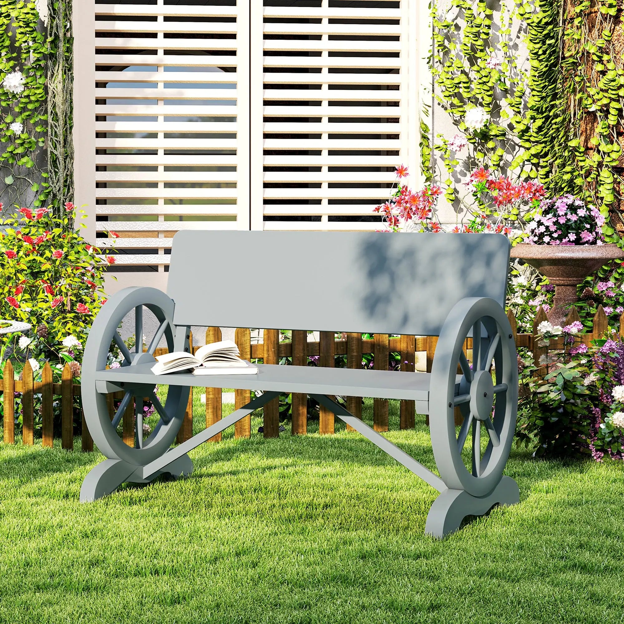 Outsunny Fir Wood 2-Seater Outdoor Garden Wagon Wheel Bench, Grey 