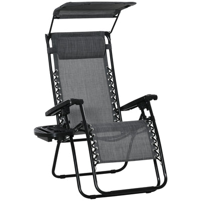 Outsunny Foldable Reclining Garden Chair with Headrest, Zero Gravity Deck Sun Lounger Seat Chair with Footrest, Armrest, Cup Holder & Canopy Shade, Light Grey 