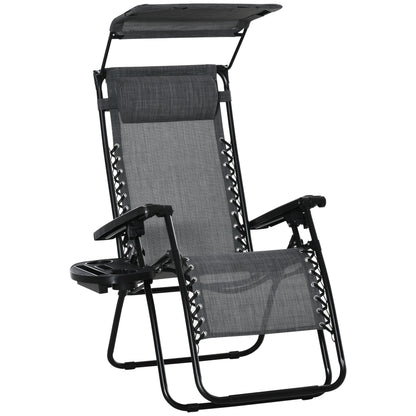Outsunny Foldable Reclining Garden Chair with Headrest, Zero Gravity Deck Sun Lounger Seat Chair with Footrest, Armrest, Cup Holder & Canopy Shade, Light Grey 