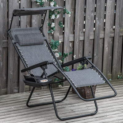 Outsunny Foldable Reclining Garden Chair with Headrest, Zero Gravity Deck Sun Lounger Seat Chair with Footrest, Armrest, Cup Holder & Canopy Shade, Light Grey 