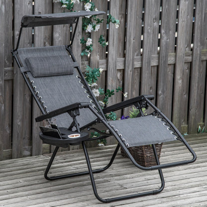 Outsunny Foldable Reclining Garden Chair with Headrest, Zero Gravity Deck Sun Lounger Seat Chair with Footrest, Armrest, Cup Holder & Canopy Shade, Light Grey 