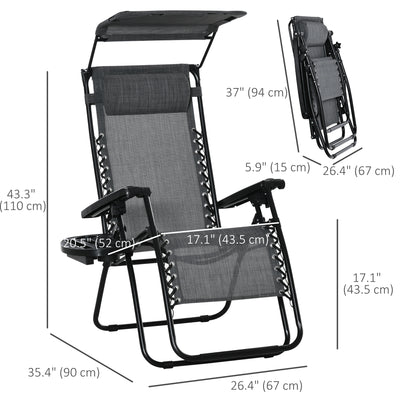 Outsunny Foldable Reclining Garden Chair with Headrest, Zero Gravity Deck Sun Lounger Seat Chair with Footrest, Armrest, Cup Holder & Canopy Shade, Light Grey 