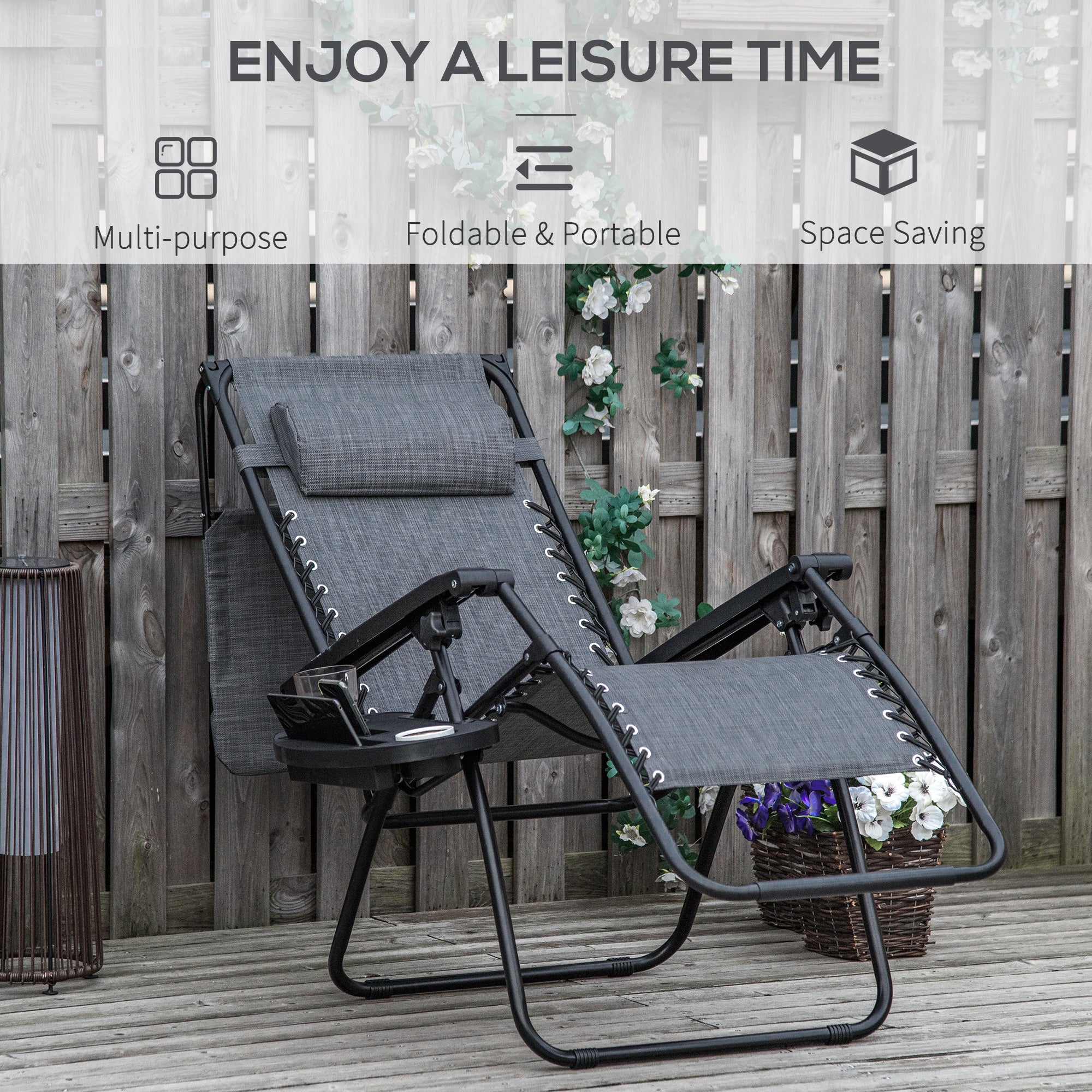 Outsunny Foldable Reclining Garden Chair with Headrest, Zero Gravity Deck Sun Lounger Seat Chair with Footrest, Armrest, Cup Holder & Canopy Shade, Light Grey 