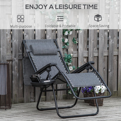 Outsunny Foldable Reclining Garden Chair with Headrest, Zero Gravity Deck Sun Lounger Seat Chair with Footrest, Armrest, Cup Holder & Canopy Shade, Light Grey 
