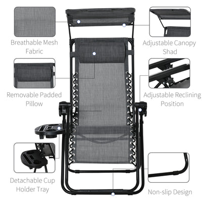 Outsunny Foldable Reclining Garden Chair with Headrest, Zero Gravity Deck Sun Lounger Seat Chair with Footrest, Armrest, Cup Holder & Canopy Shade, Light Grey 