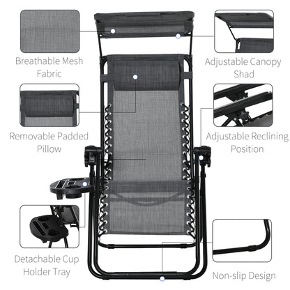 Outsunny Foldable Reclining Garden Chair with Headrest, Zero Gravity Deck Sun Lounger Seat Chair with Footrest, Armrest, Cup Holder & Canopy Shade, Light Grey 