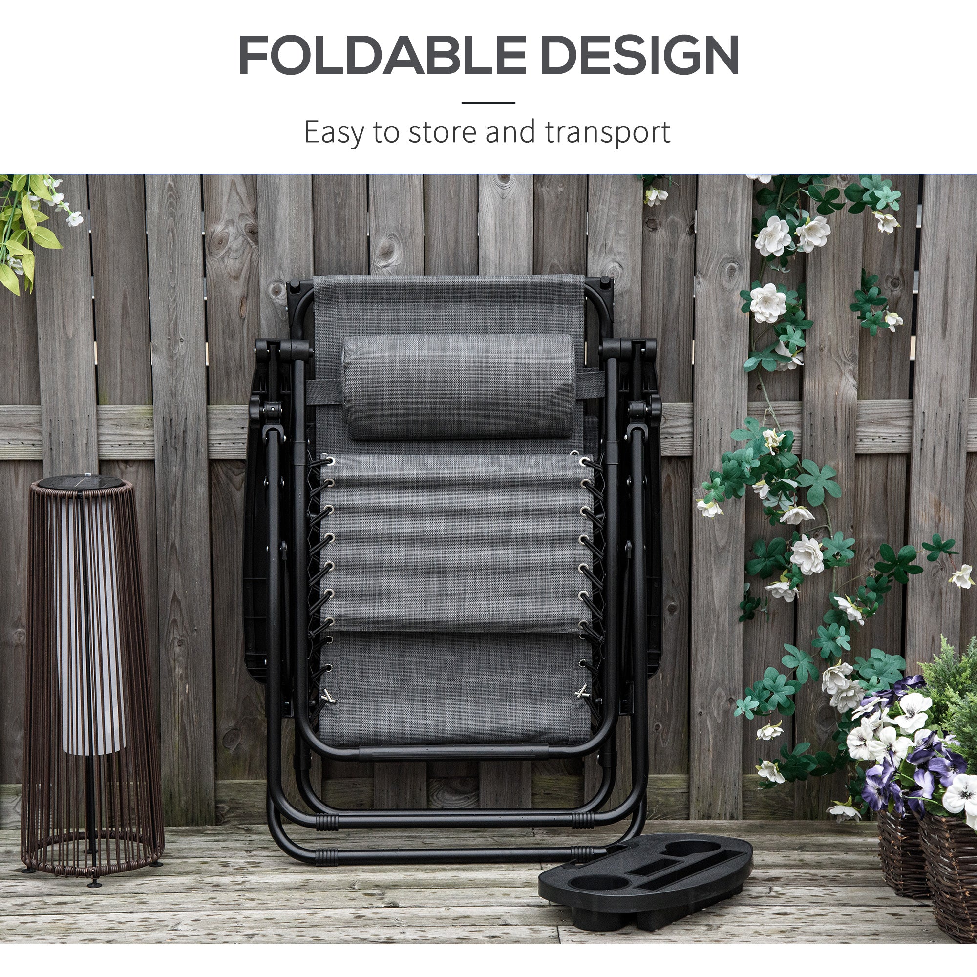 Outsunny Foldable Reclining Garden Chair with Headrest, Zero Gravity Deck Sun Lounger Seat Chair with Footrest, Armrest, Cup Holder & Canopy Shade, Light Grey 